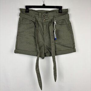 9/29 Green Tie Waist Button Zip Short Rolled Sleeve Soft Cotton High Mid Rise